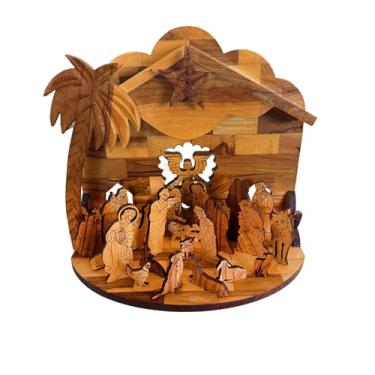 Imagem de TerraSantaStore Caixa de música de presépio de madeira de oliveira Belém com alça de estrela, família sagrada – Conjunto de manjedoura de Natal artesanal de madeira de oliveira