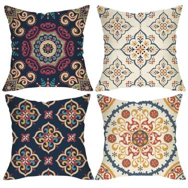 Imagem de Fjfz Boho Mandala Floral Capas de Almofada Decorativas 45,7 x 45,7 cm Conjunto de 4, Vintage Marroquino Azulejo Flor Étnica Varanda Exterior Decoração de Casa para Sofá Geométrico Mediterrâneo Sofá