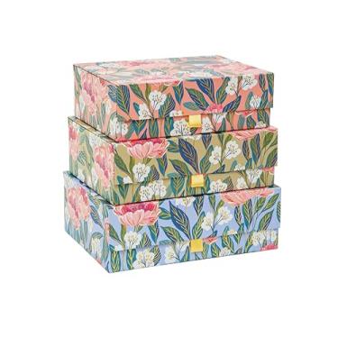 Imagem de MIZFRUZZY Caixas de armazenamento decorativas de 3 peças com tampas, folha dourada floral, rosa pêssego, peônias verdes claras e azuis pálidas, conjunto de caixa de lembrança de papelão, caixa de