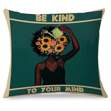 Imagem de Exqcom Be Kind to Your Mind Capas de travesseiro de saúde mental 45,7 x 45,7 cm, presentes positivos inspiradores para mulheres negras, floral vintage, para escritório de terapia de conselheiro