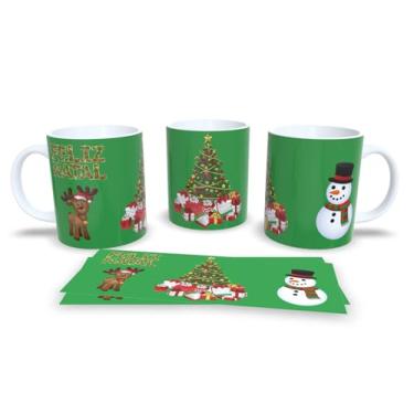 Imagem de Caneca de Natal Feliz Natal, Porcelana Branca com Design Natalino, Decoração com Papai Noel e Rena, Fundo Cinza com Flocos de Neve (11)