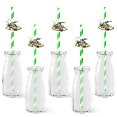 Imagem de Serencatcher 50 canudos de papel jacaré, lembrancinhas de festa de aniversário de jacaré, canudos de papel listrados para tema de réptil do pântano, decorações de aniversário, chá de bebê, suprimentos