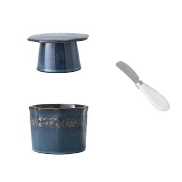 Imagem de Manteigueira Manteigueira Cerâmica com Tampa para Bancadas de Cozinha Manteigueira Macia com Faca(Blue)