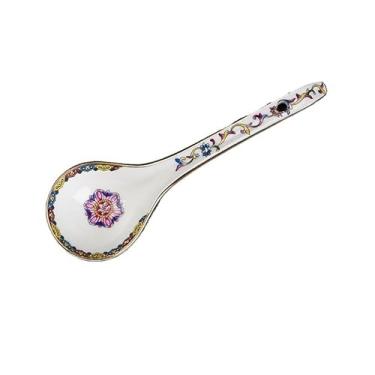 Imagem de Colheres de Jantar Colher de sopa cerâmica chinesa com cabo longo, colher esmaltada porcelana, pequena para, arroz, ramen, cereais, 1 peça(Branco)