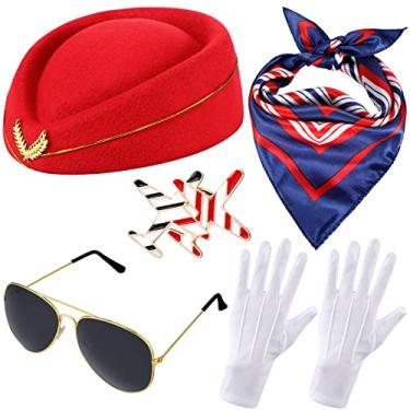 Imagem de Bencailor 6 peças de acessórios de fantasia de comissária de bordo feminina de Natal roupas de aeromoça chapéu de sino cachecol luvas de óculos de sol (vermelho)