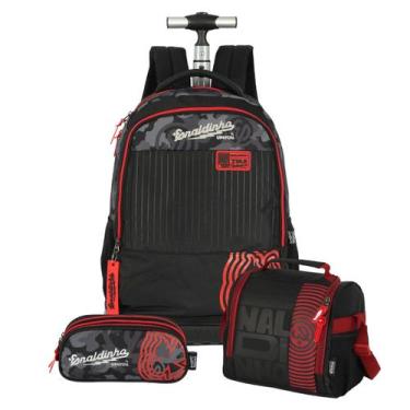 Imagem de Kit Mochila Enaldinho De Rodinhas Lancheira E Estojo Triplo, Preto