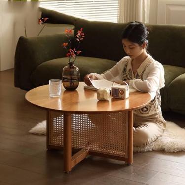 Imagem de Yadlan Mesa de centro com mesa de madeira maciça, pernas espessas de vime tecidas à mão e tinta ecológica à base de água, mesa lateral de grão de madeira natural para sala de estar, pátio, varanda