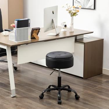 Imagem de FIRAVOE Cadeira de desenho com armazenamento, banco ajustável de couro 52,5 a 62,5 cm, banco de escritório com rodinhas preto