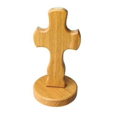 Imagem de Baoblaze Cruz de madeira decorativa para mesa com suporte, crucifixo de madeira, peça central de mesa, decoração para sala de estar, Base Redonda