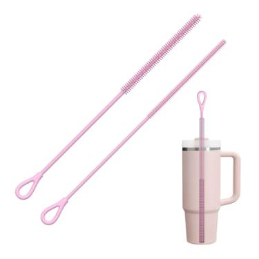 Imagem de Escova de limpeza de palha de silicone, 2 peças de escovas de palha reutilizáveis extra longas para limpeza de copo com alça e canudos de smoothie de metal de vidro, alças antiderrapantes macias