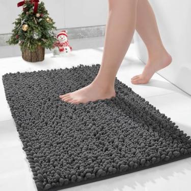 Imagem de ILANGO Tapetes de banheiro cinza escuro 61 x 43 cm, tapetes de banho de chenille absorventes extramacios, tapete de banho grosso, antiderrapante, felpudo, lavável na máquina, tapetes de banho de