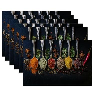 Imagem de Jogo americano de mesa, conjunto de 6, jogo americano de pano de colher de especiarias, tapetes de mesa resistentes ao calor para decoração de cozinha e sala de jantar, tapetes de tecido