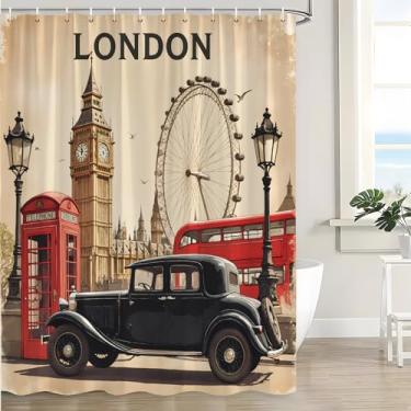Imagem de CWHCWA Cortina de chuveiro Londres vermelha cabine telefônica carro retrô Big Ben cenário de cidade romântica rua antiga edifício vintage famoso cortina de banho com ganchos