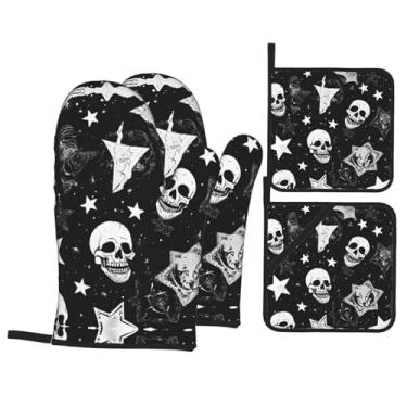 Imagem de Conjunto de luvas de cozinha estampadas de caveira punk branca com suportes de tampa, luvas de forno resistentes ao calor para lidar com panelas quentes, grelhar, churrascos, kit de 4 peças.