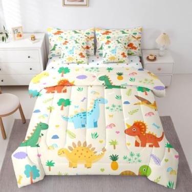 Imagem de Feelyou Jogo de edredom fofo de dinossauro, 7 peças, tamanho casal, para meninos, meninas, decoração de quarto, respirável, macio e leve de microfibra