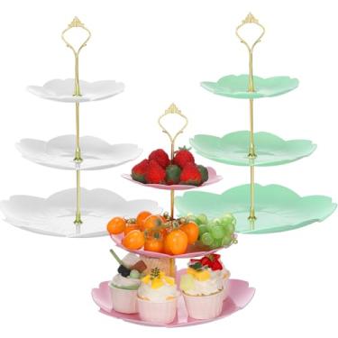 Imagem de Gandeer 3 conjuntos de decorações de festa de chá de 3 camadas, suporte de cupcake de plástico, pratos de sobremesa, bolo, frutas, doces, torre de exibição para casamento, aniversário, chá de bebê