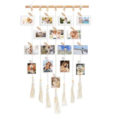 Imagem de Exibição de parede Boho para pendurar, colagem de moldura de fotos faça você mesmo, galeria de fotos de parede familiar com 35 clipes de madeira, 2 ganchos e 5 molduras de papel, quadro de exibição de