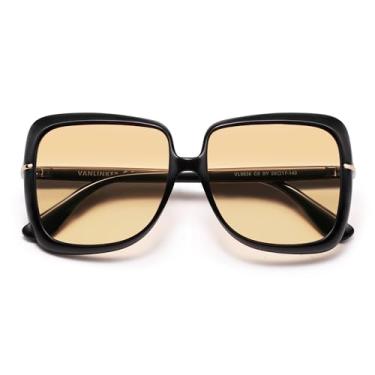 Imagem de VANLINKER Óculos de sol polarizados, grandes, modernos, quadrados, anos 70, retrô, vintage, VL9836, Armação preta, lente amarela, G