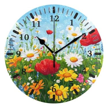 Imagem de CEBUGI 1 relógio colorido de flores silvestres, 1 relógio de parede operado por bateria, relógios de parede silenciosos sem tique-taque para cozinha, banheiro, quarto, escritório, decoração 25,4 cm
