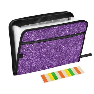 Imagem de Wassud Pasta organizadora de arquivos de papel A4 com estampa de glitter violeta, pasta organizadora de documentos com etiquetas, pasta de arquivos expansível, 13 bolsos