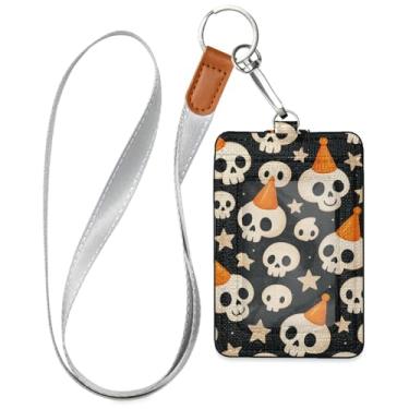 Imagem de Wassud Crânios divertidos com chapéus, suporte de crachá de couro PU com cordão, porta-cartão de identificação para trabalho, cordão de pescoço com compartimentos para cartões de crédito, funcionários