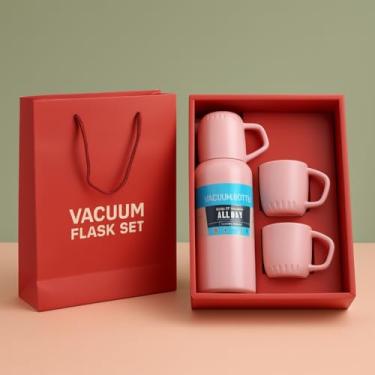 Imagem de Conjunto de Garrafa Térmica e Canecas, Vacuum Flask Set Rosa, Kit com Garrafa de 22cm e Canecas de 6cm, Presente em Caixa Vermelha
