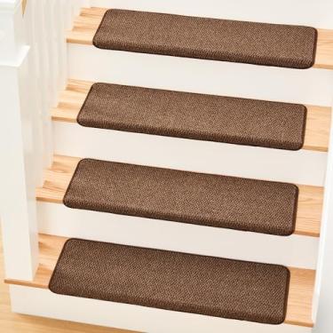 Imagem de MBIGM Escadas antiderrapantes Bullnose com adesivo reutilizável, pacote com 14, 24 x 76 cm, proteção de degraus de madeira - suporte de TPU com reforço de aço - solução antiderrapante de malha marrom