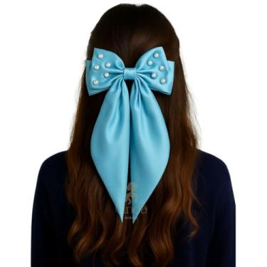 Imagem de Clipe de Cabelo Grande com Laço em Tecido Cetim Premium — Acessório Feminino Clássico e Sofisticado(Azul Claro com Perolas)