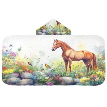 Imagem de Burbuja Cavalo no jardim toalha de banho com capuz para crianças, toalha de praia de pelúcia macia absorvente para chá de menina menino 3-10 anos, 61 x 127 cm