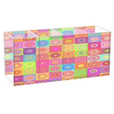 Imagem de CEBUGI Porta-lápis de acrílico com 4 compartimentos, organizador de lápis com estampas coloridas de mandala, suporte de pincel de maquiagem para escritório em casa