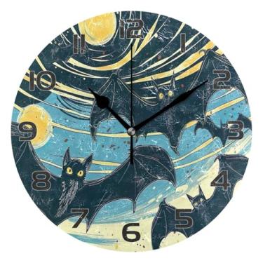 Imagem de YETTASBIN Relógio de parede de morcego de Halloween, silencioso, sem tique-taque, operado por bateria, relógio redondo decorativo criativo para cozinha, sala de estar, banheiro, decoração de