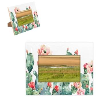 Imagem de hongjinglin Porta-retrato de 10 x 15 cm, moldura de madeira tropical de cacto com tapete para exibição de parede e mesa, para decoração de casa e amigos da família, ideias de presente de casamento