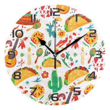 Imagem de YETTASBIN Relógio de parede mexicano Cinco De Mayo, silencioso, sem tique-taque, operado por bateria, relógio redondo decorativo criativo para cozinha, sala de estar, banheiro, decoração de escritório