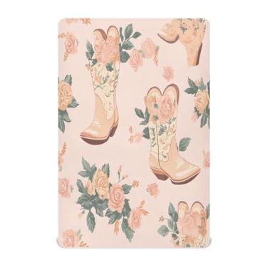 Imagem de STAYTOP Lençóis de berço com botas de vaqueira com rosas para meninos e meninas, lençol com elástico para berço padrão e colchão infantil, lençol de microfibra supermacia 132 × 71 cm
