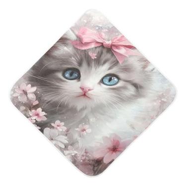 Imagem de Burbuja Toalha de banho de bebê com flores fofas de gatinho - Toalha com capuz de musselina macia e absorvente para recém-nascido, 76 x 76 cm