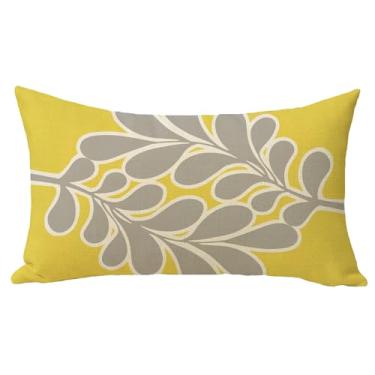 Imagem de Fjfz Capa de almofada decorativa de folhas cinzentas 30 x 50, folha de planta botânica retangular amarela decoração de casa ao ar livre, capa de almofada de sofá de fazenda presente de inauguração de