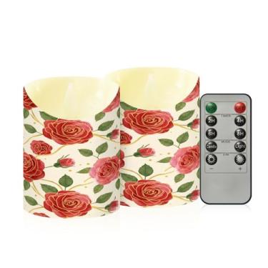 Imagem de Wassud Pacote com 2 velas sem chama de rosas vermelhas com controle remoto, velas realistas cintilantes com temporizador, velas decorativas para Natal, casamento, festa, decoração de casa pequena