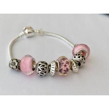 Imagem de Pulseira Feminina com Berloques Banhado a Prata e Murano Rosa - JMH Se