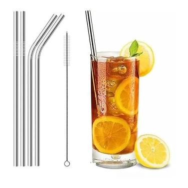 Imagem de Kit 4 Canudos Reutilizáveis Aço Inox Curvo e Reto – Com Escova de Limpeza e Saquinho, Ecológico 21,5cm