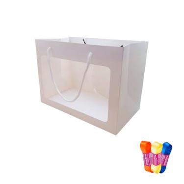 Imagem de Kit Sacola Branca com Visor 24x12x31 cm e Fita Cetim Impressa 22mm x 10m