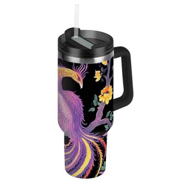 Imagem de Copos com tampa e pintura de palha Phoenix preto vintage mítico copo de 1,134 g com alça garrafas de água grandes isoladas de aço inoxidável garrafa de água para copo de carro