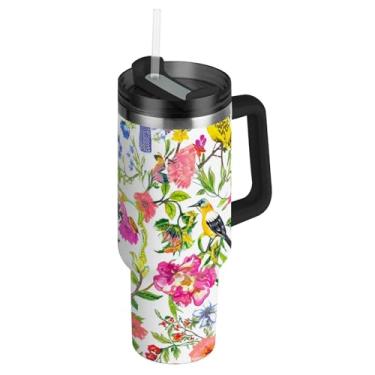 Imagem de Copo de 850 g com alça Copos de aço inoxidável com tampas e canudos Garrafa de água fofa à prova de vazamento Caneca de café quente isolada para carro pássaros florais coloridos