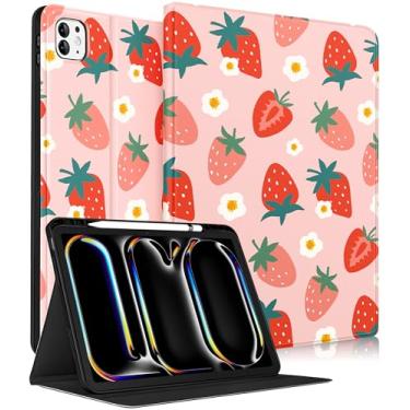 Imagem de Wazzasoft for iPad Pro 13 Inch Case M5 2025/M4 2024 - Women Girls Cute Smart Folio Cover (Auto Wake/Sleep) with Build-in Pencil Holder for Apple Tablet Soft TPU Protective Cover,Strawberries