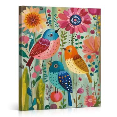 Imagem de Impressão de arte de parede em tela de pássaro floral abstrata colorida botânica desenho animado pássaro pintura moderna decoração de parede para casa sala de estar quarto 20 x 25 centímetros