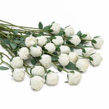 Imagem de DuHouse 24 peças de rosas artificiais vintage falsas mini flores de rosa de seda com haste longa para buquês faça-você-mesmo, centro de mesa, festa de casa, decoração de cozinha (branca)
