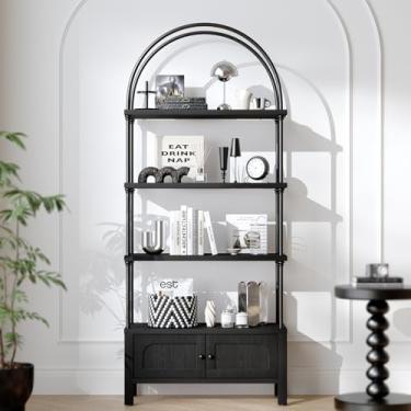 Imagem de GOUUN Estante de livros arqueada com porta de 188 cm de altura, prateleira preta com armário de armazenamento, estante de exibição estética para sala de estar/escritório
