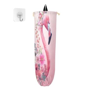 Imagem de GAIGEO Flamingo rosa com suporte de sacola de compras de flores, suporte de plástico para sacola de compras, suporte de saco de plástico para armário, 1 pacote