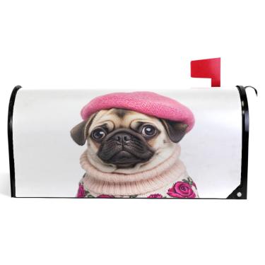 Imagem de TSENQUE Linda capa de caixa de correio decorativa com estampa rosa pug envoltórios de caixa de correio de vinil magnético decorações de caixa de correio moderna de inverno tamanho padrão 52,6 x 45,8