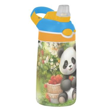 Imagem de Garrafa de água infantil fofa Pandas Green Animal para escola, 473 ml Tritan 473 ml Garrafa de água esportiva com canudo, copos portáteis de viagem para crianças, reutilizáveis, alça de transporte
