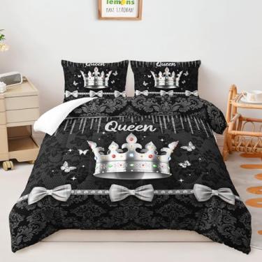 Imagem de AILONEN Conjunto de edredom Queen preto damasco, 3 peças, elegante, com coroa de prata, tamanho Queen para meninas e mulheres, glamouroso luxuoso diamante e laço com 2 fronhas